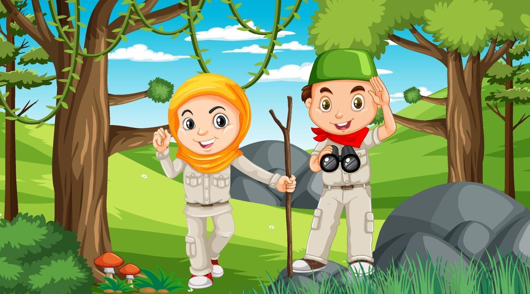 Nature scene with muslim kids exploring in the forest vector