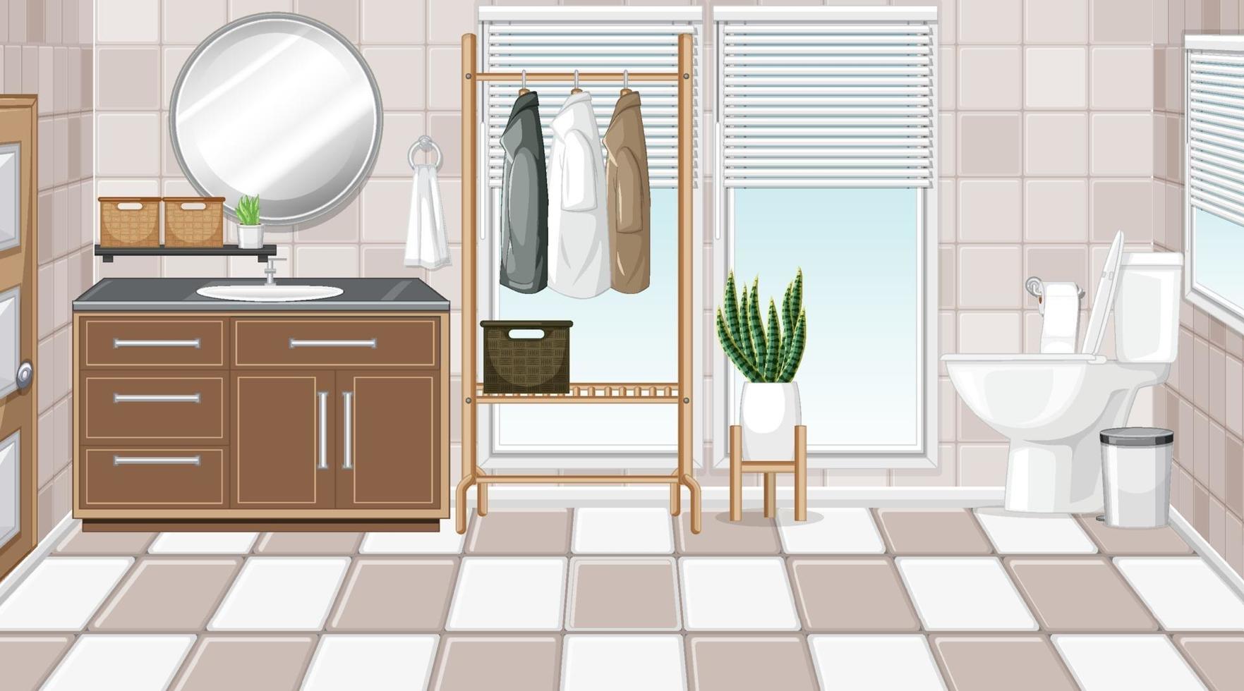Interior de baño con muebles en tema beige y blanco. vector