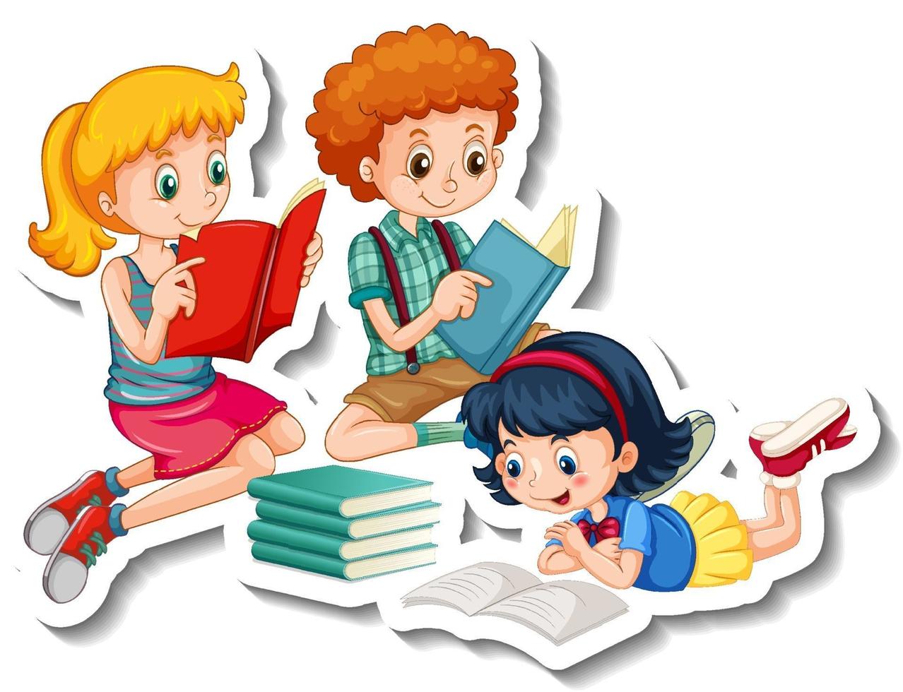 Sticker template with children reading their books on white background vector