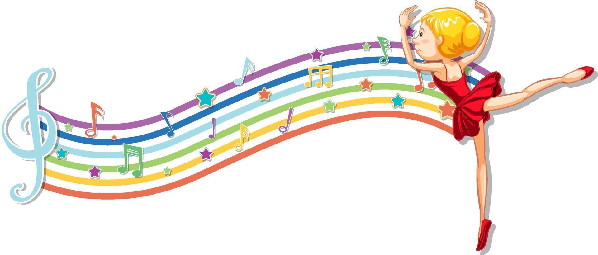 Ballerina with melody symbols on rainbow wave vector
