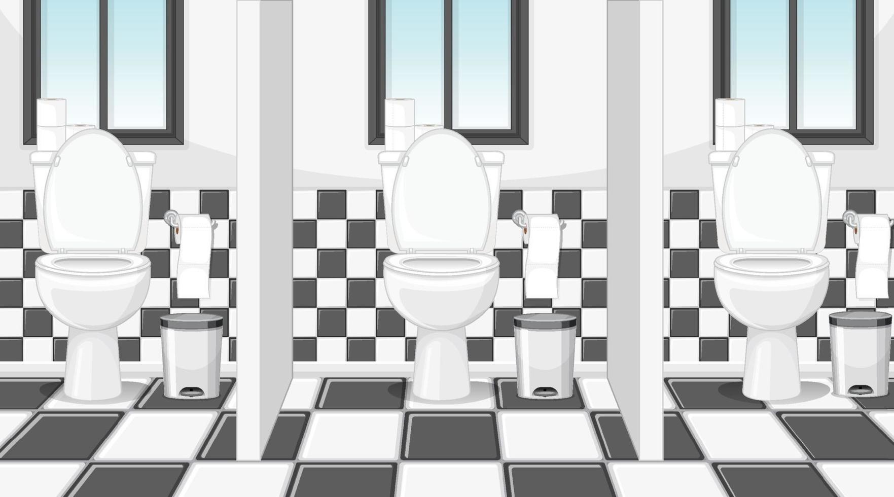 Escena vacía con baño público con cubículos. vector