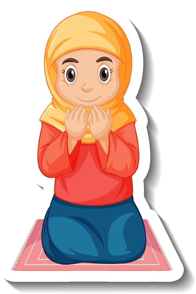 una plantilla de pegatina con una niña musulmana sentada en una alfombra y rezando vector