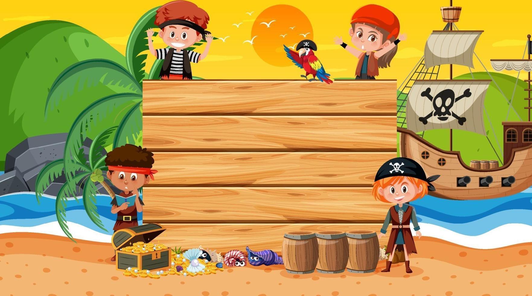 Plantilla de banner vacío con niños piratas en la escena del atardecer en la playa vector