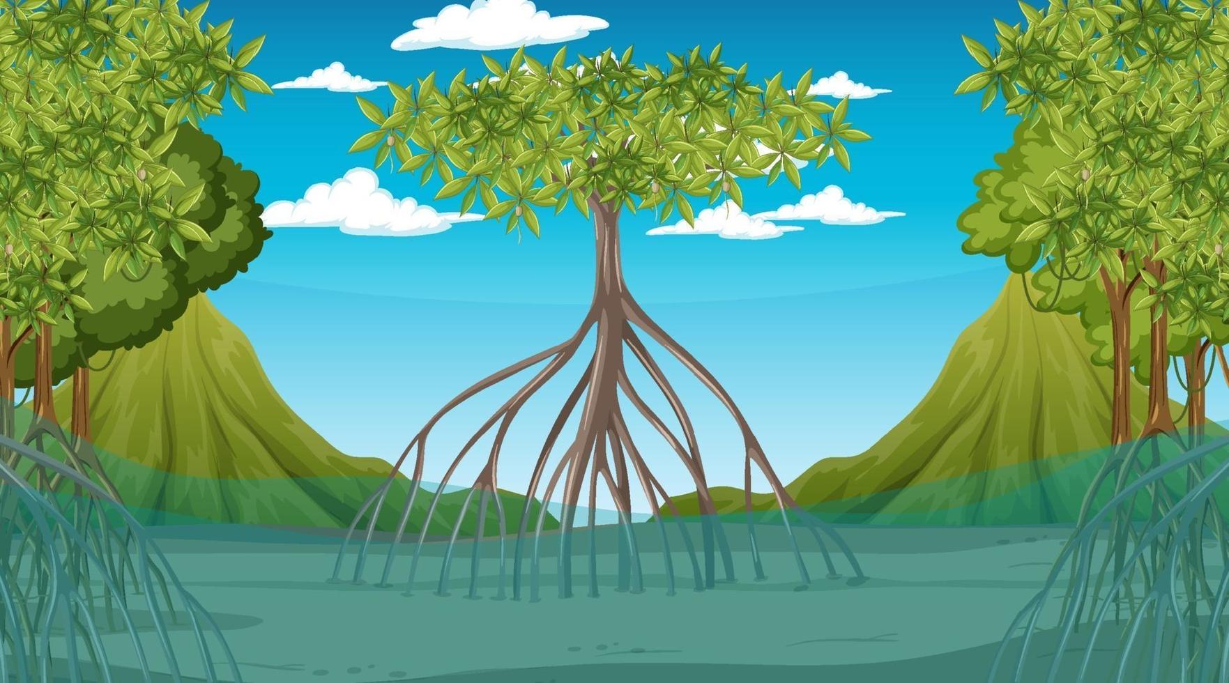 Nature scene with Mangrove forest at daytime in cartoon style vector