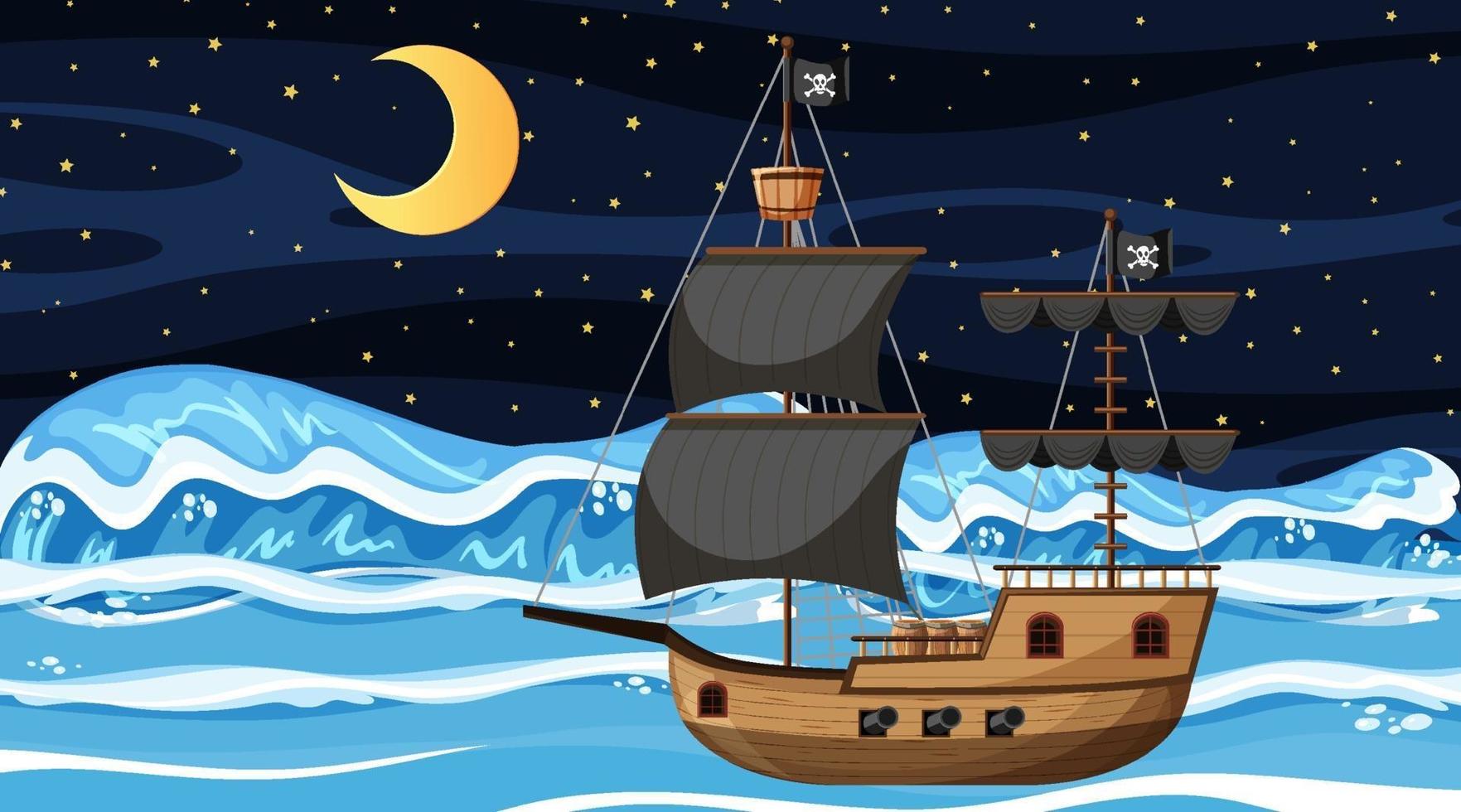 océano con barco pirata en la escena nocturna en estilo de dibujos animados vector