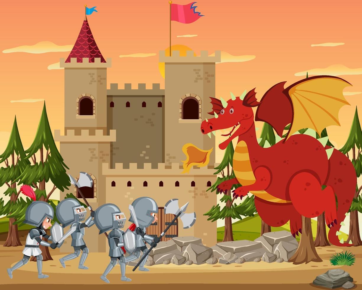 Los caballeros luchan con el dragón en el castillo. vector