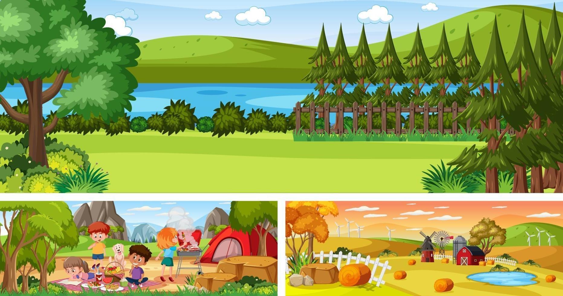 conjunto de paisaje panorámico al aire libre con personaje de dibujos animados vector