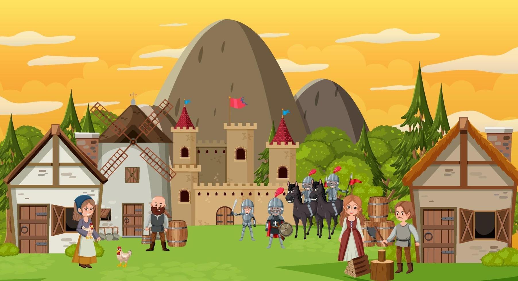 Escena de la ciudad medieval con aldeanos y guerreros. vector