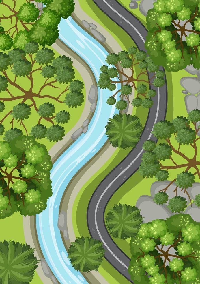 Aerial view with long road and river through the forest landscape vector