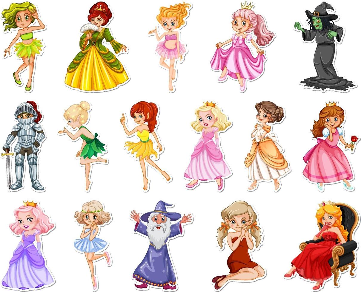 Sticker set with different fairytale cartoon characters vector