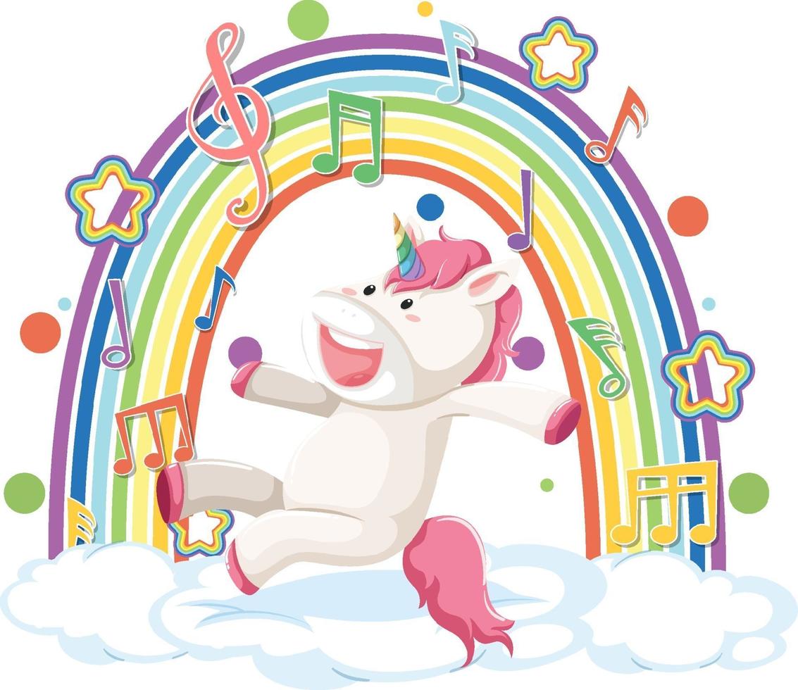 Unicorn jumping on cloud with rainbow and melody symbol vector