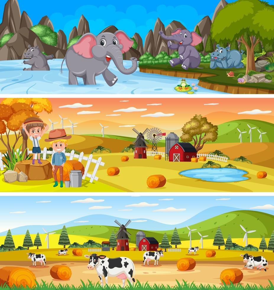 Conjunto de diferentes paisajes de naturaleza panorámica con personaje de dibujos animados vector