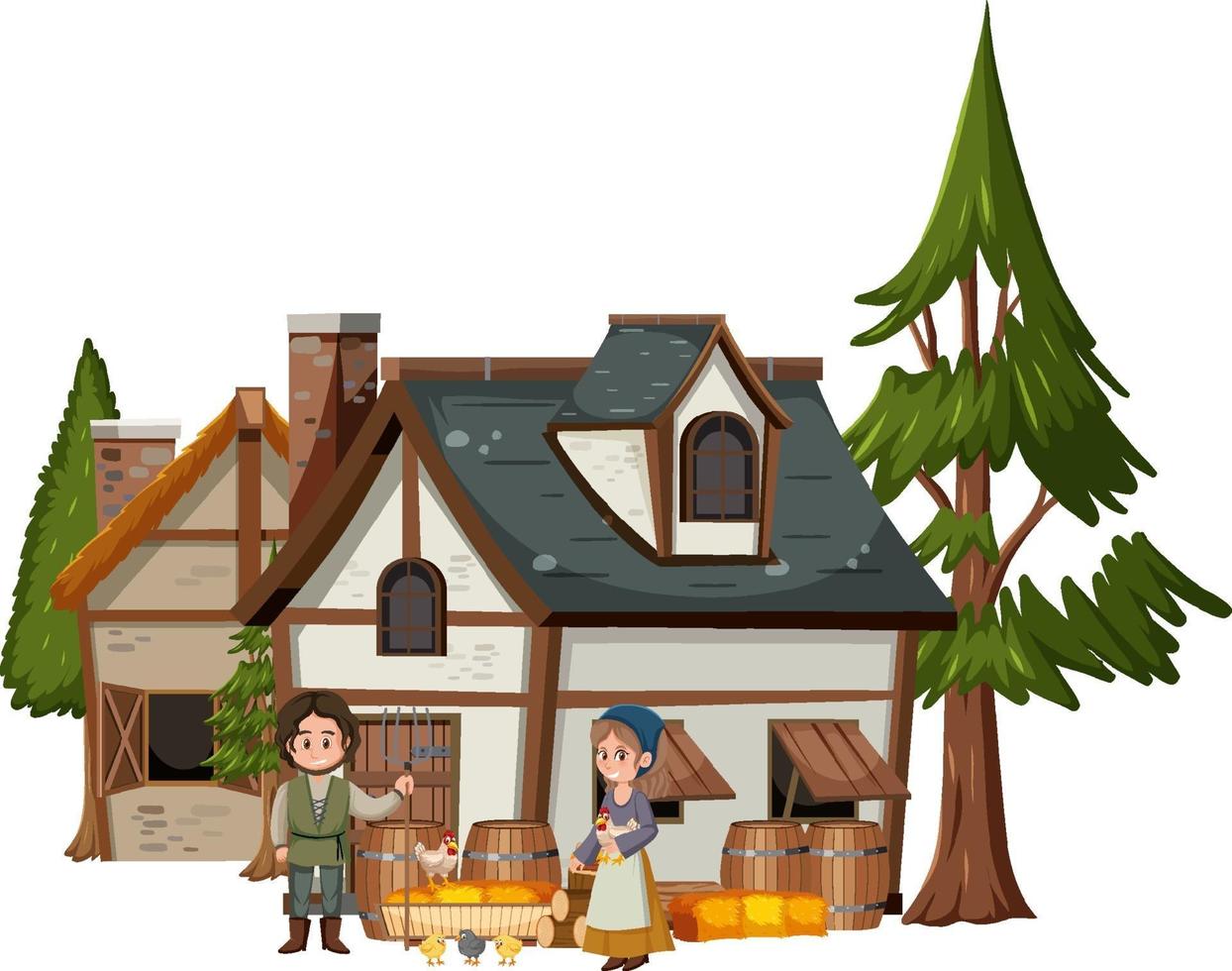 Farmhouse with villagers on white background vector