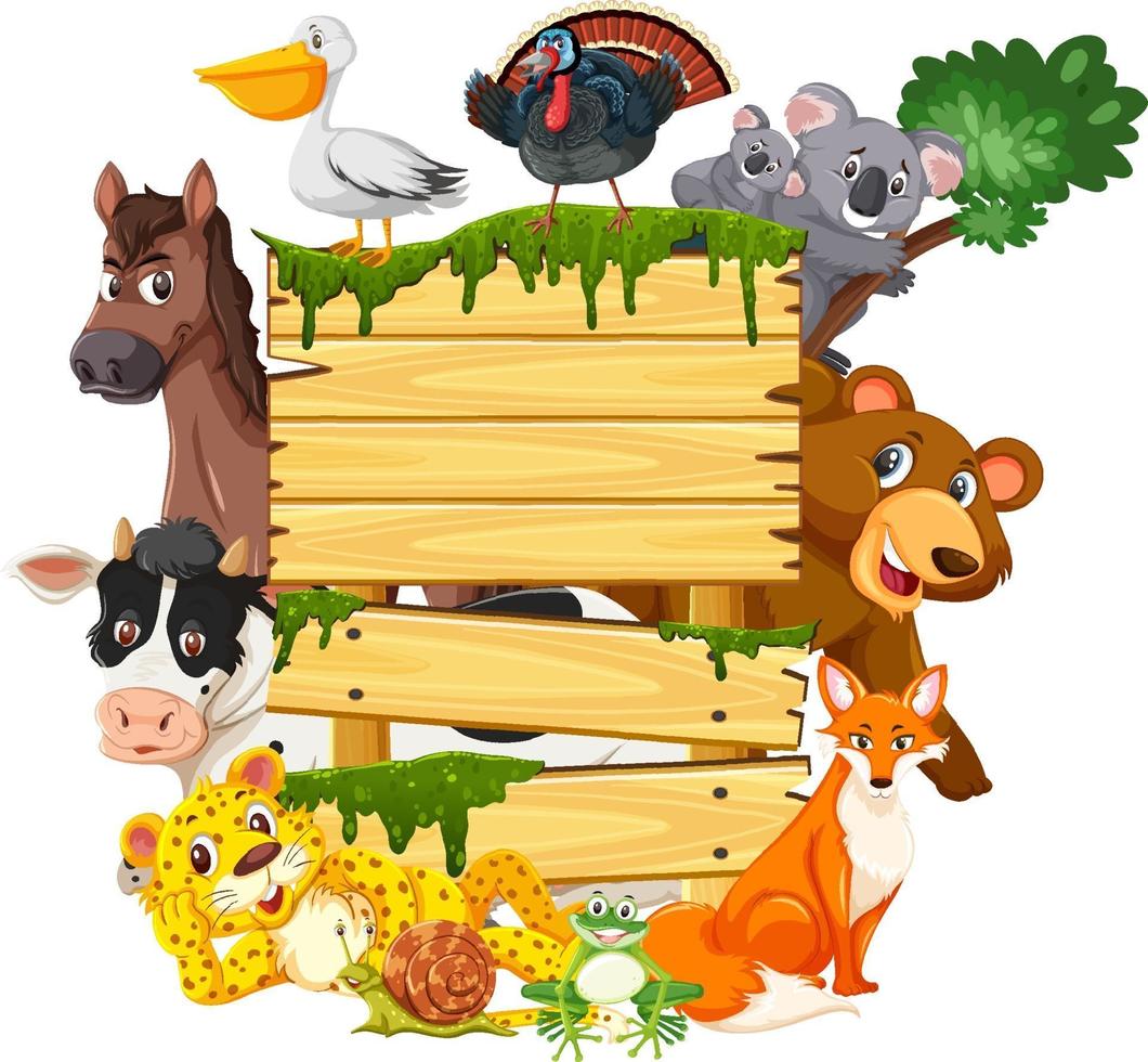 Empty wooden board with various wild animals vector