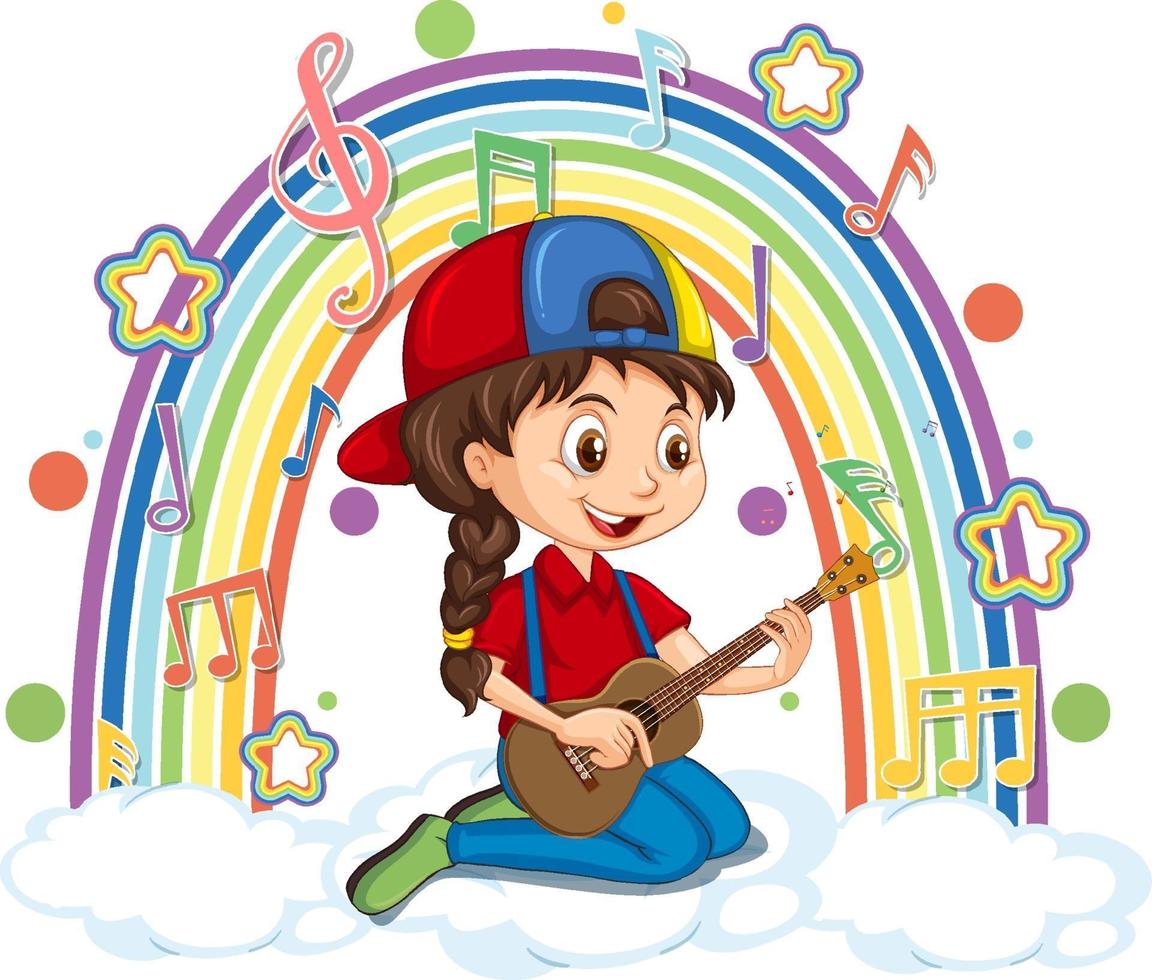 niña tocando la guitarra en la nube con arcoiris vector
