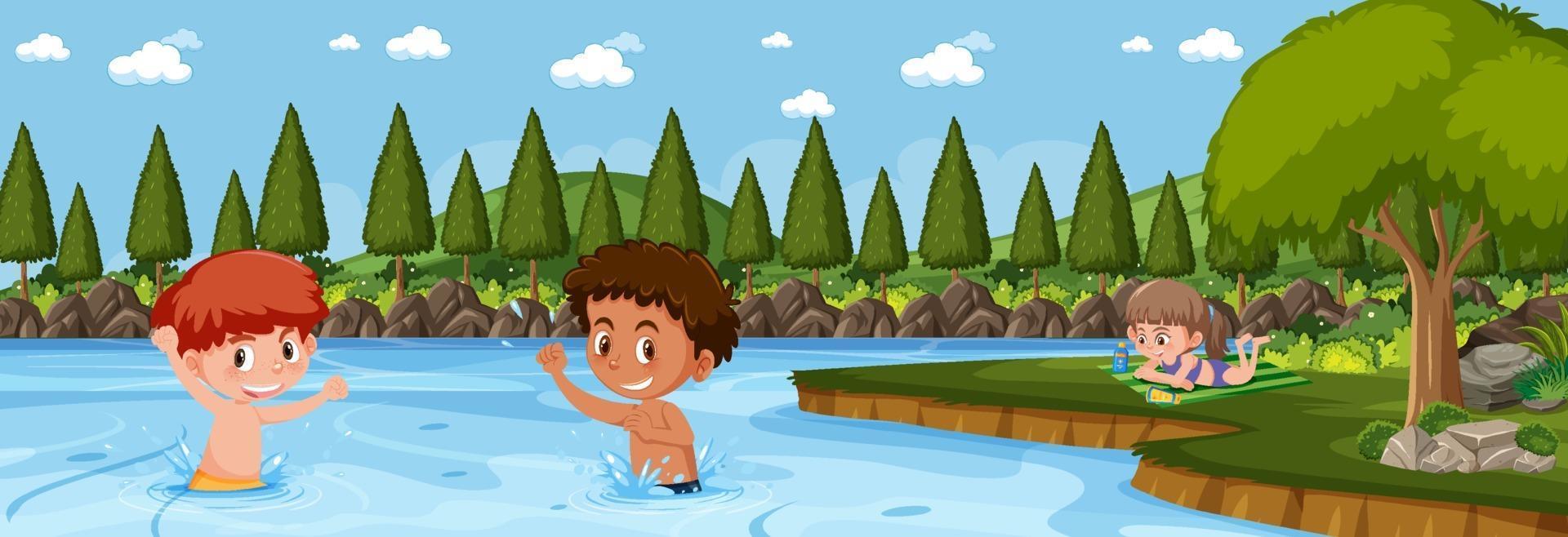 Panorama de la escena del paisaje con muchos niños nadando en el lago vector