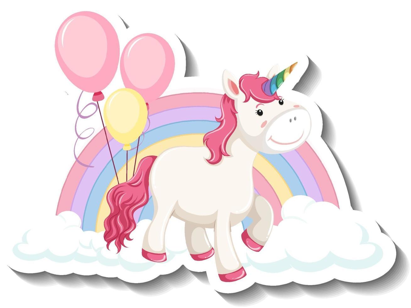 lindo unicornio con arco iris y nubes sobre fondo blanco vector