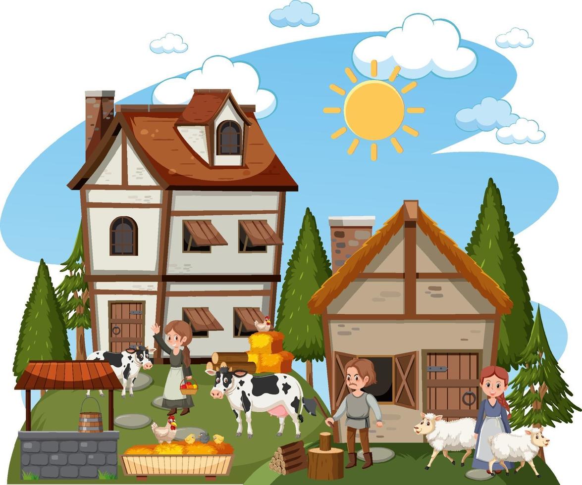 Medieval village with villagers on white background vector