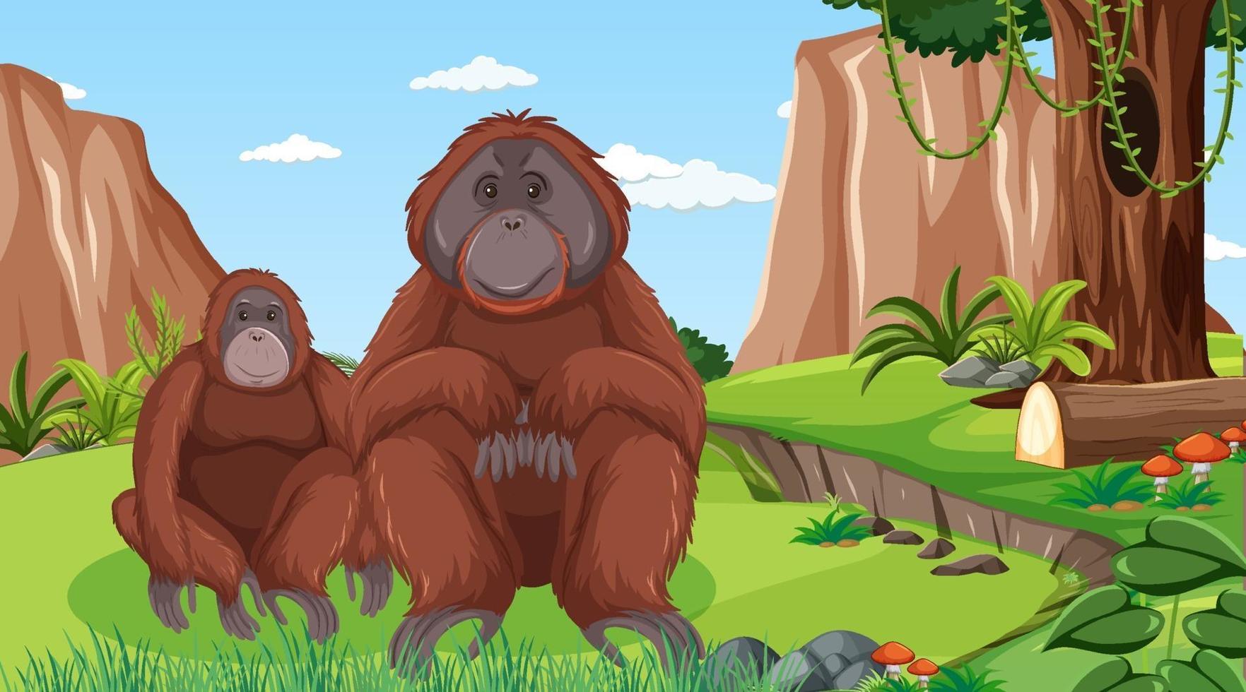 orangután en el bosque o la escena de la selva tropical con muchos árboles vector