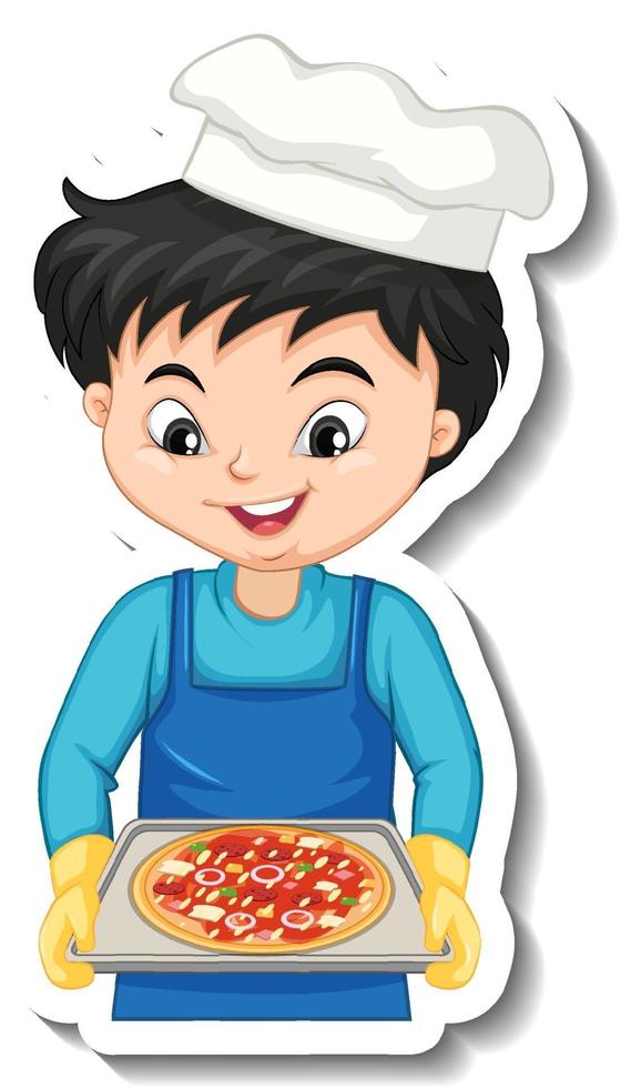 Diseño de etiqueta con niño chef sosteniendo bandeja de pizza vector