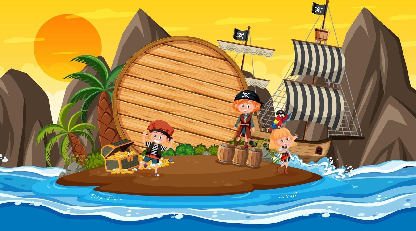 Plantilla de banner vacío con niños piratas en la escena del atardecer en la playa vector