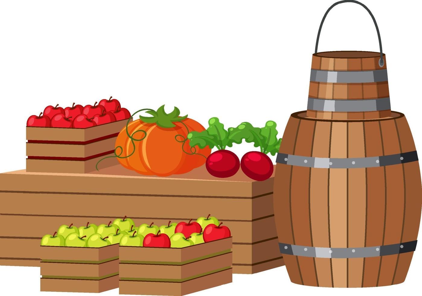 frutas en caja de madera con barril de madera vector