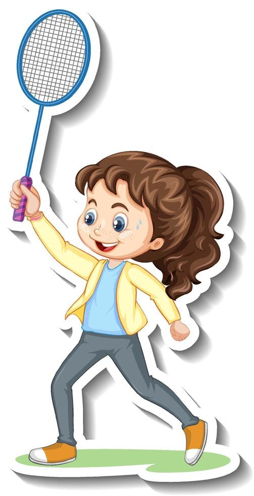 pegatina de personaje de dibujos animados con una niña jugando bádminton vector