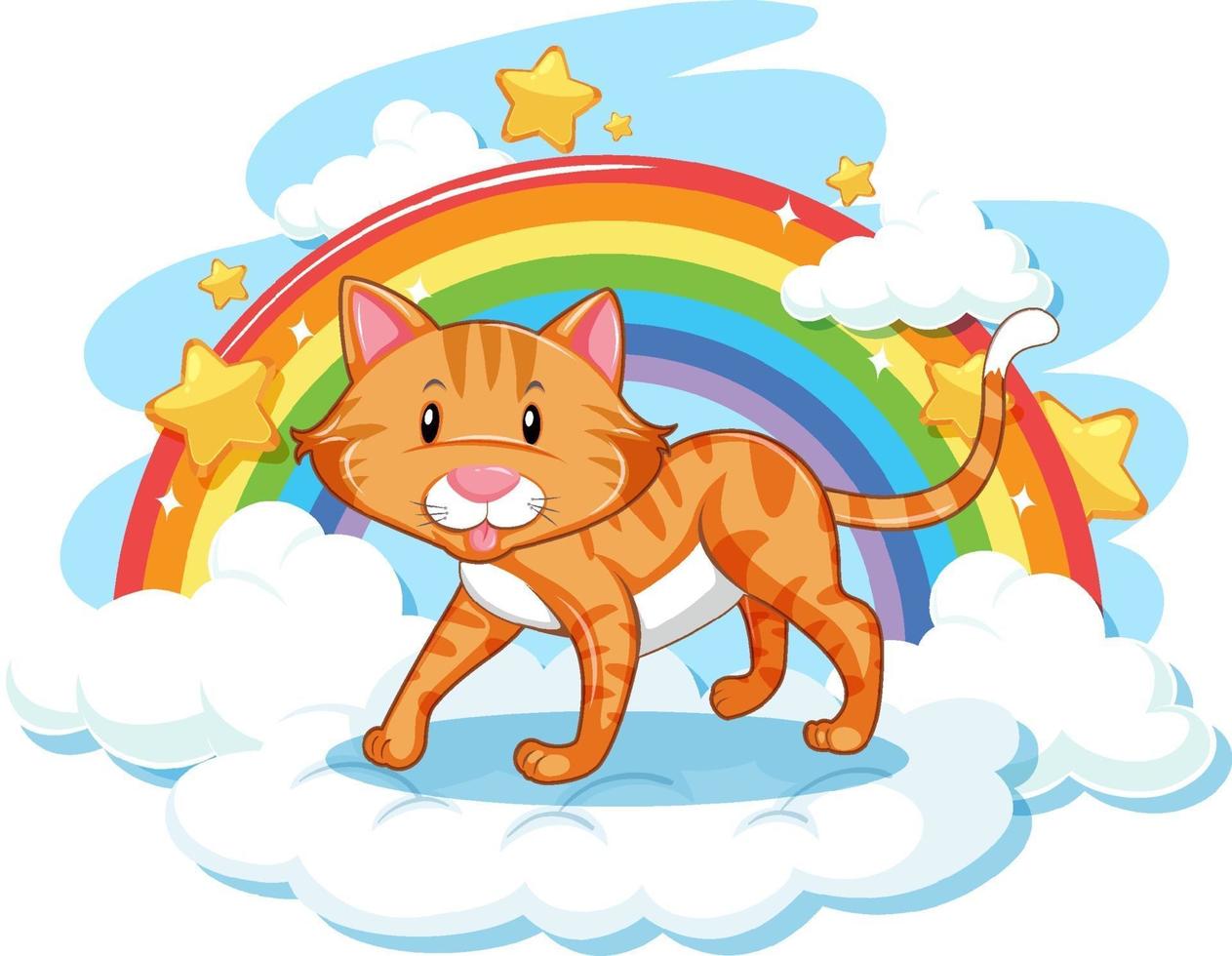 lindo gato en la nube con arcoiris vector