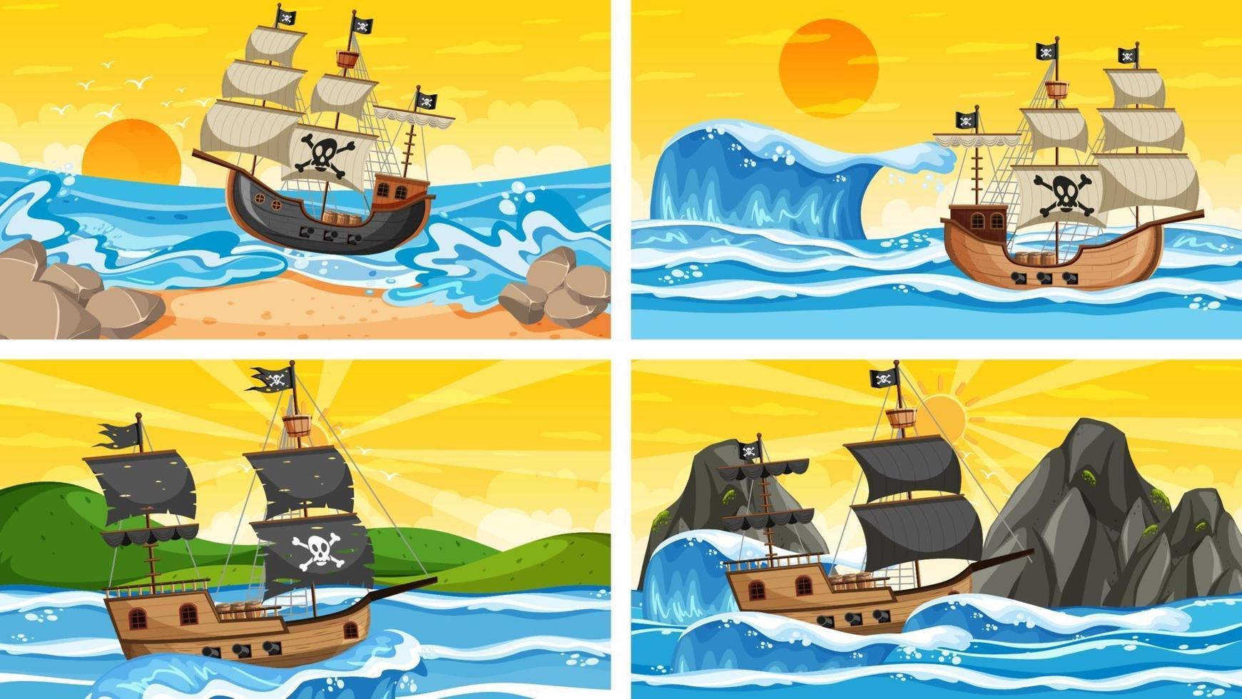 escenas oceánicas con barco pirata en diferentes momentos. vector