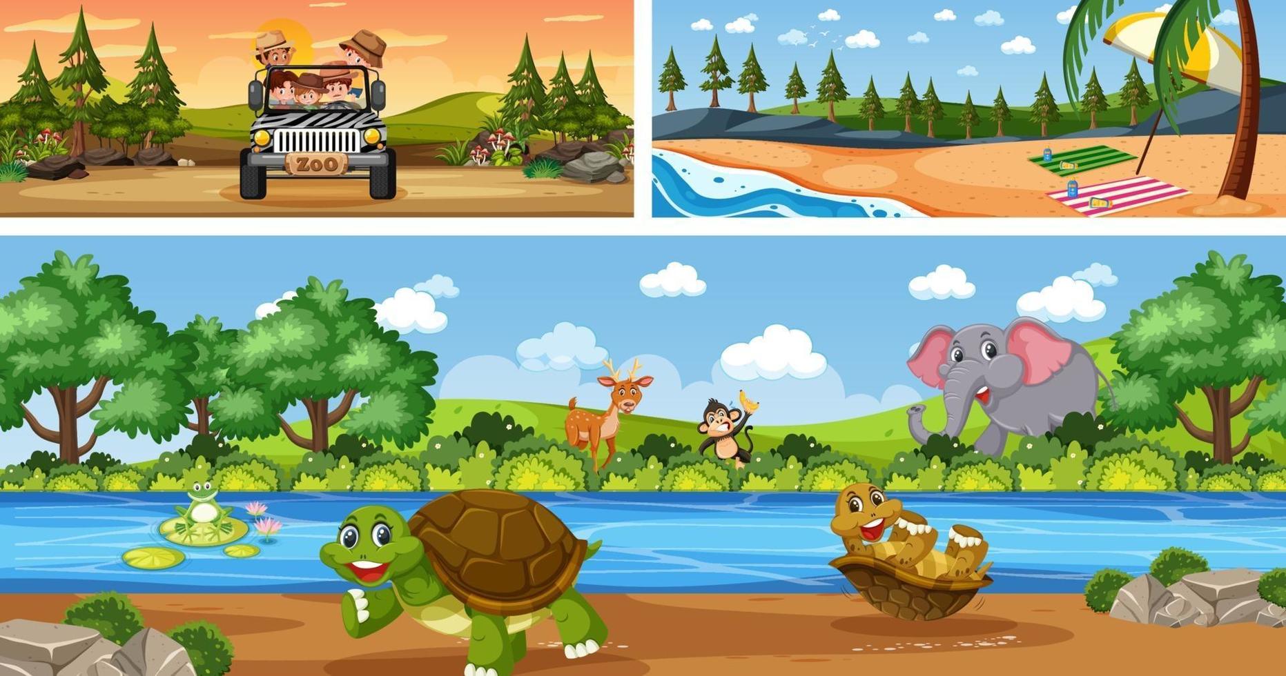 Different outdoor panoramic landscape scenes with cartoon character vector