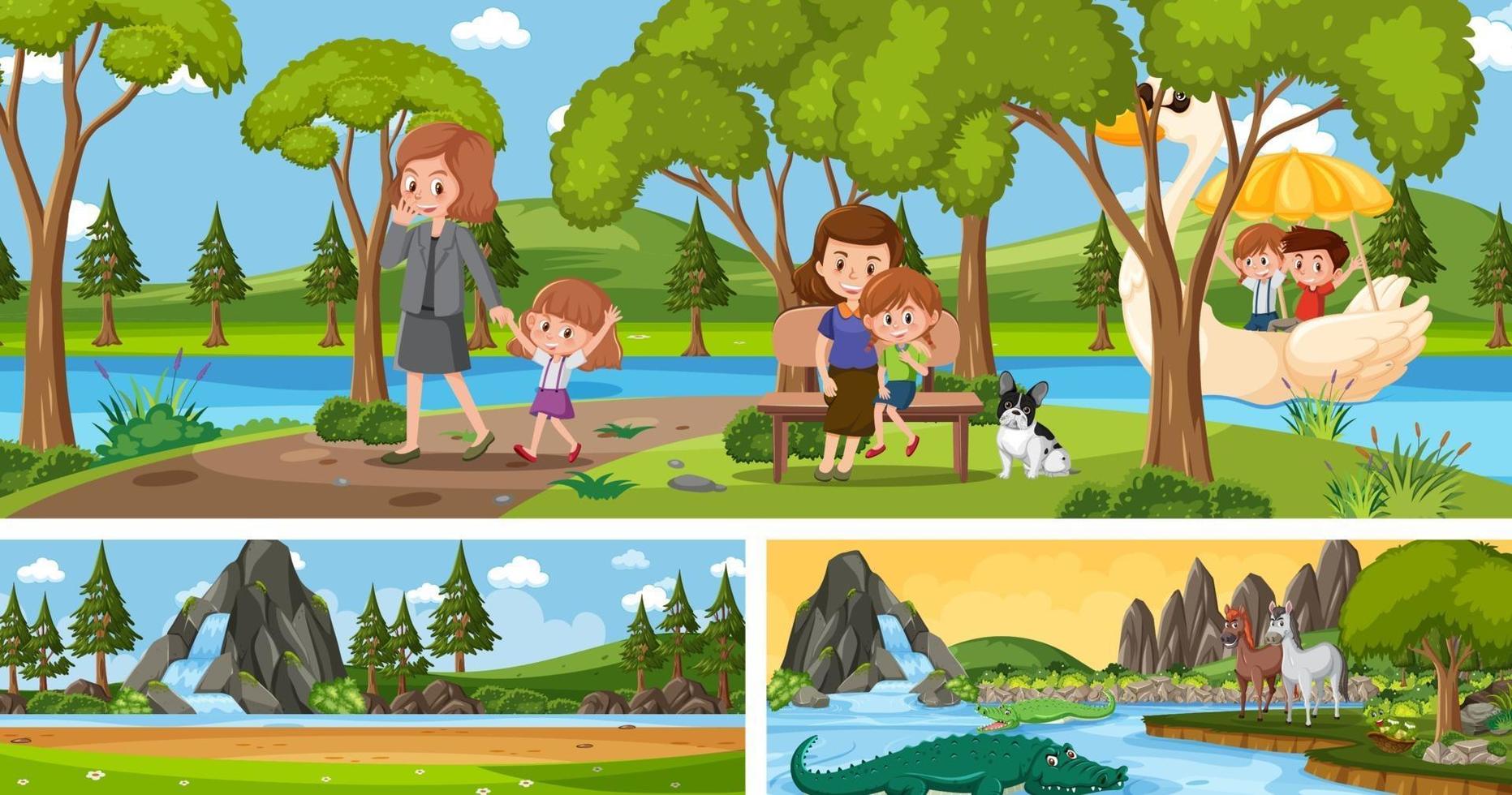 Different nature landscape scenes with cartoon character vector