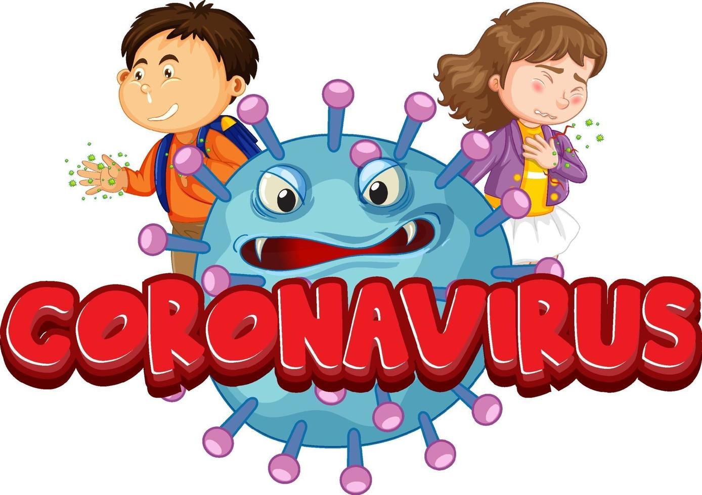 Coronavirus font design with covid19 icon and kids character vector