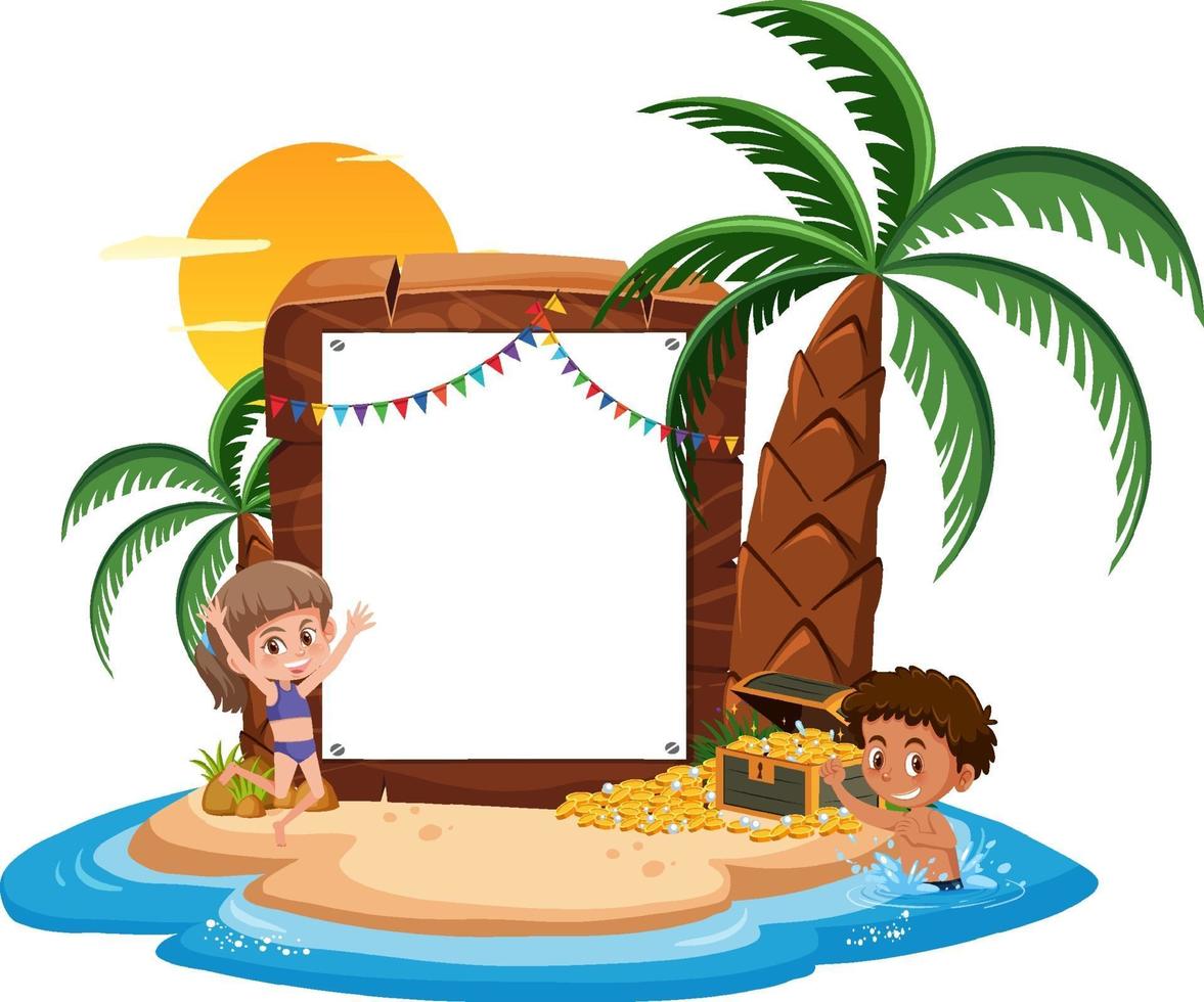 Banner vacío con niños en vacaciones de verano en la playa. vector