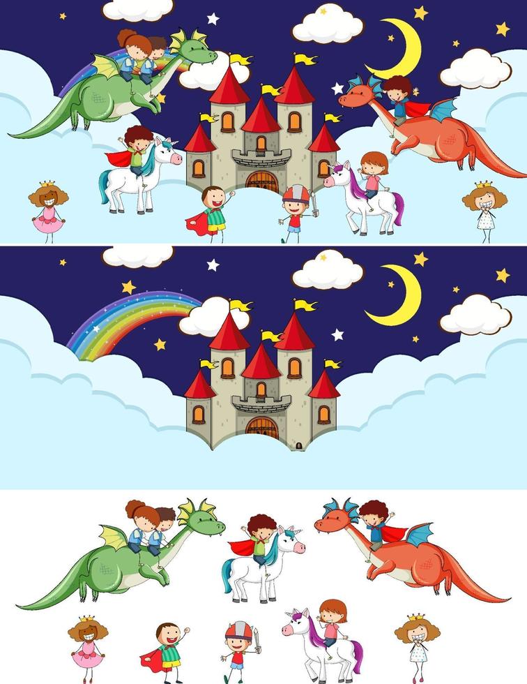 Different fairy sky scenes with doodle kids cartoon character vector