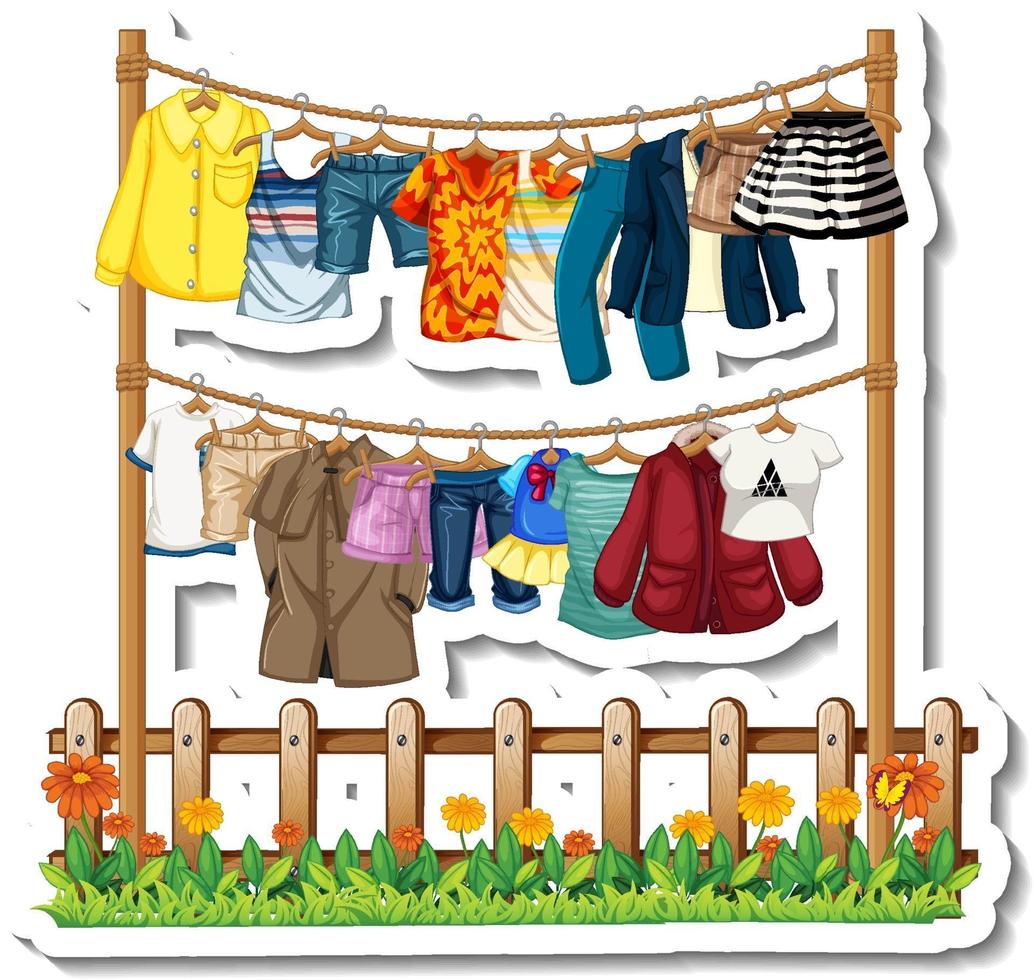 A sticker template of Clothes racks with many clothes on hangers vector