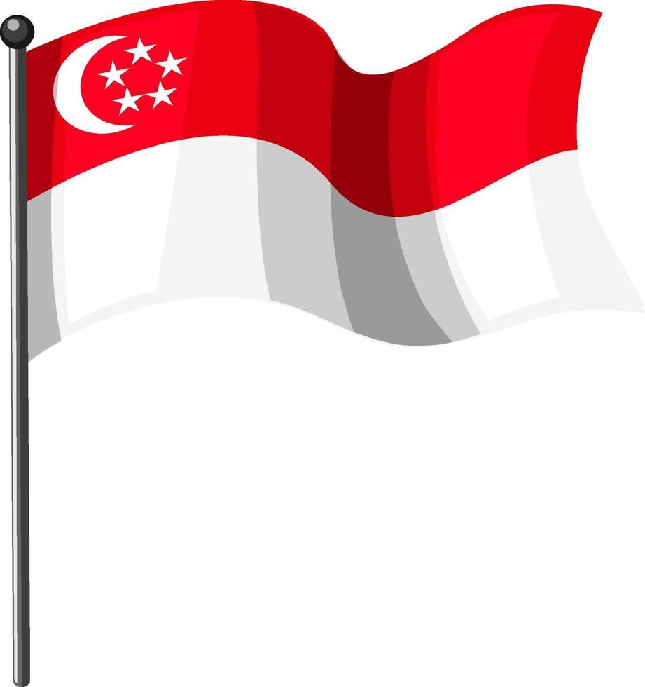Bandera de Singapur con poste en estilo de dibujos animados aislado sobre fondo blanco. vector