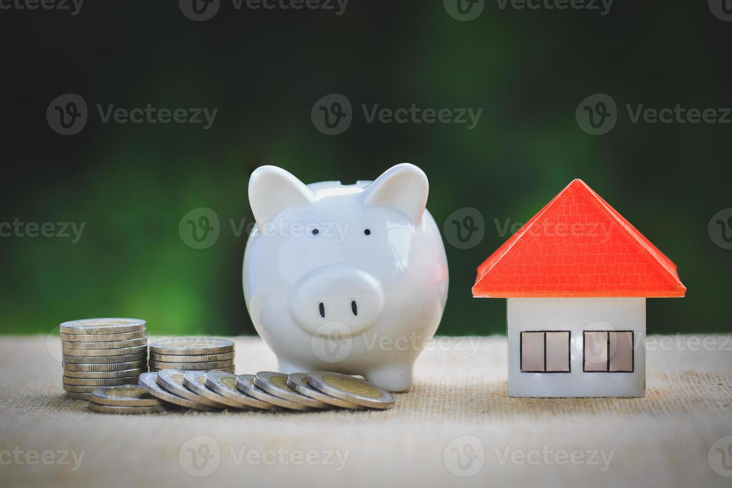 Piggy bank, concept of saving money for house, photo