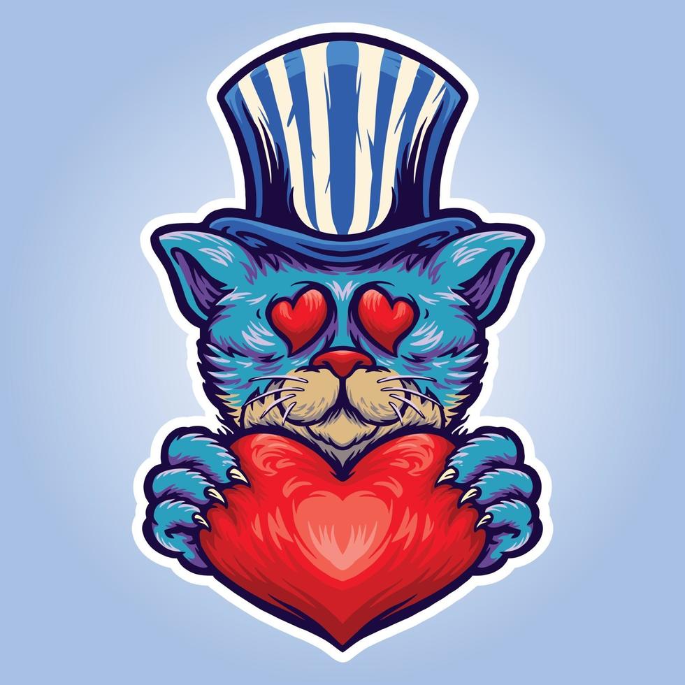 lindo gato con sombrero sosteniendo corazón ilustración vector