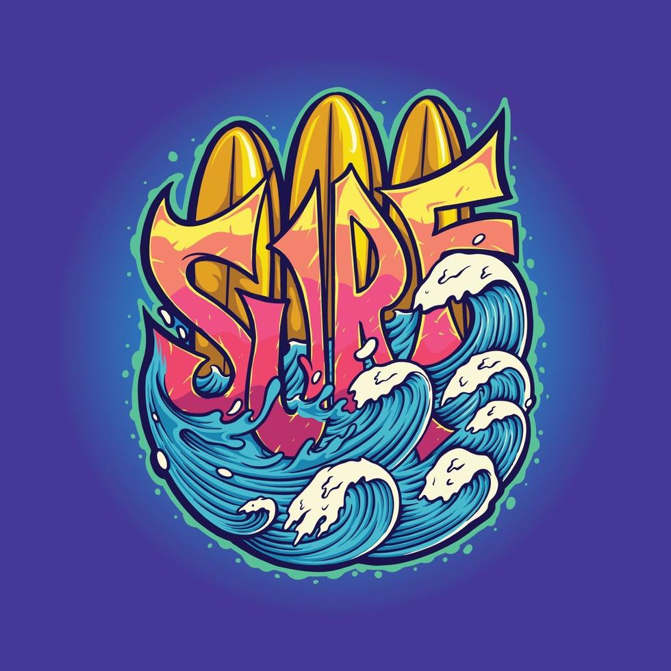 Surf Board Wave Typography Summer Illustration vector
