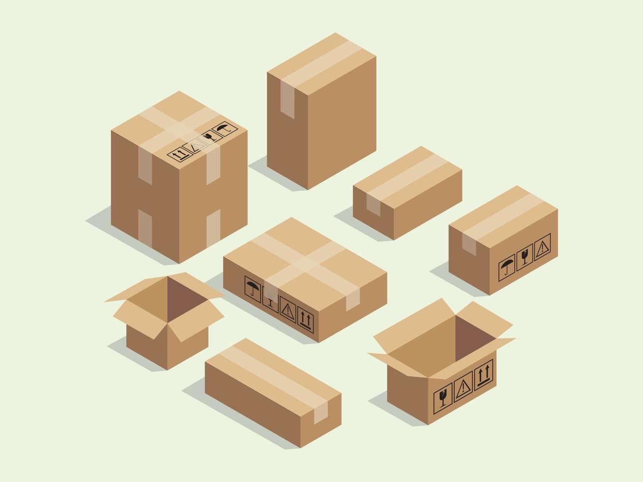 Caja isométrica de cartón para embalaje de envío. vector