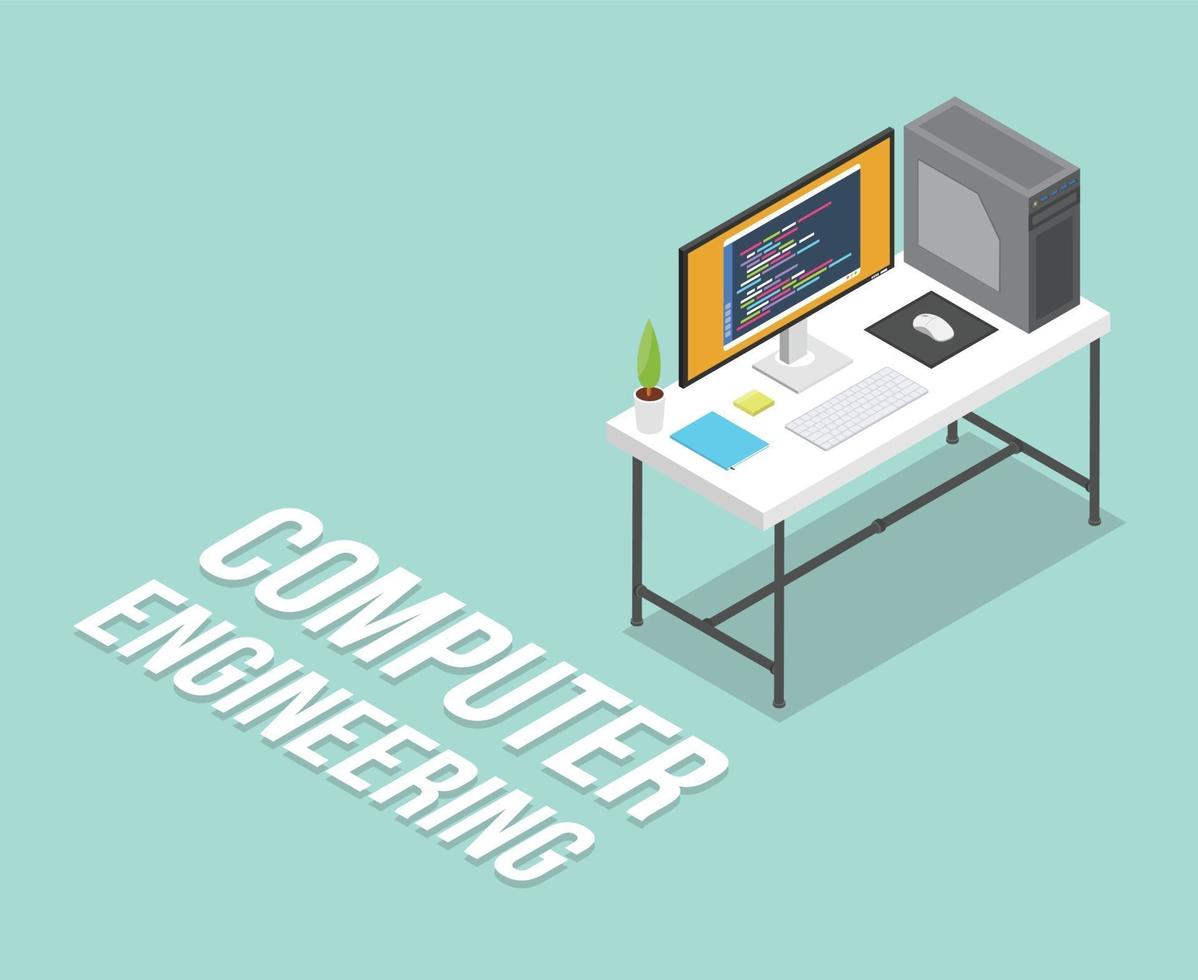 computer engineering workspace isometric education with table desk vector