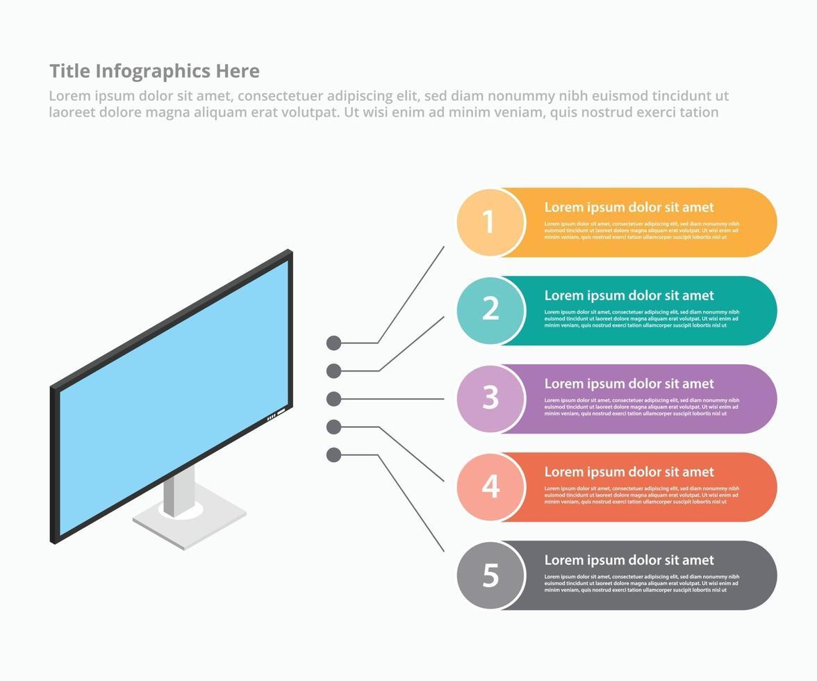 Plantilla de infografía de estilo isométrico de dispositivo de pantalla de monitor vector