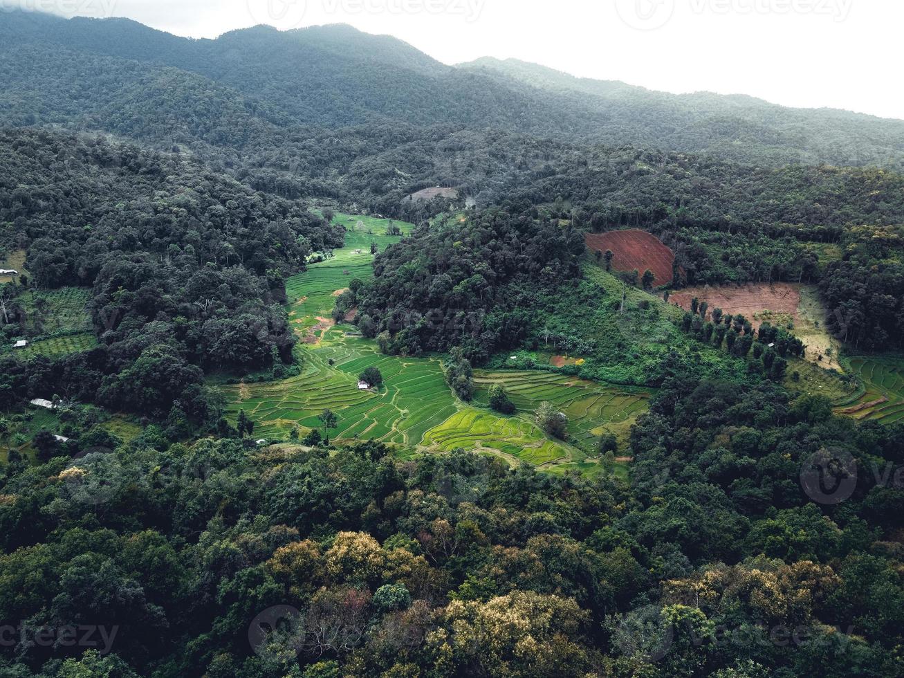 pueblos y campos en verdes montañas. foto