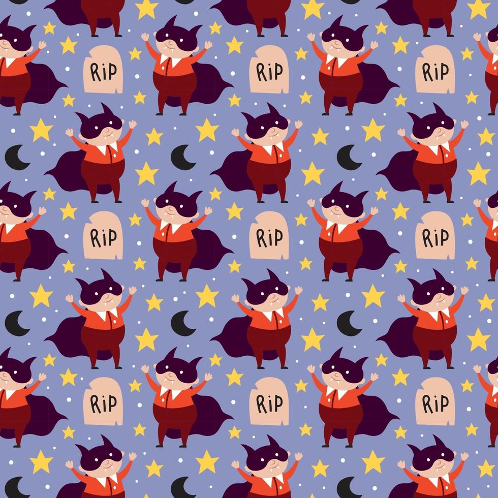 Boy in Halloween Dracula vampire costume tombstone seamless pattern vector