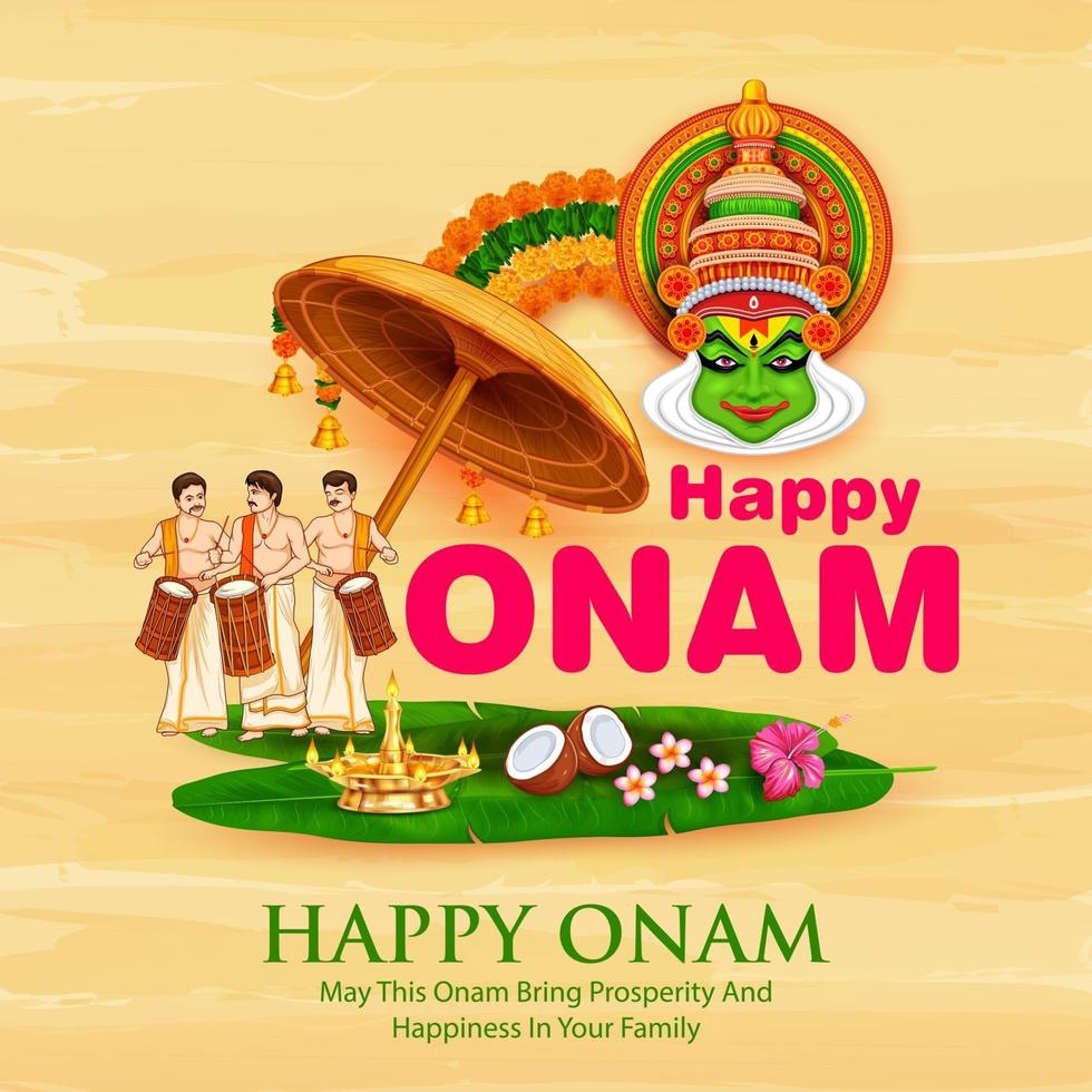 Onam festival greeting background with King Mahabali and traditional art forms Onam is a harvest festival in Kerala India Stock Vector Image Art Alamy