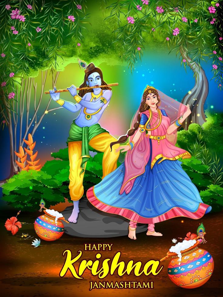 Lord Krishna in Happy Janmashtami festival background of India vector