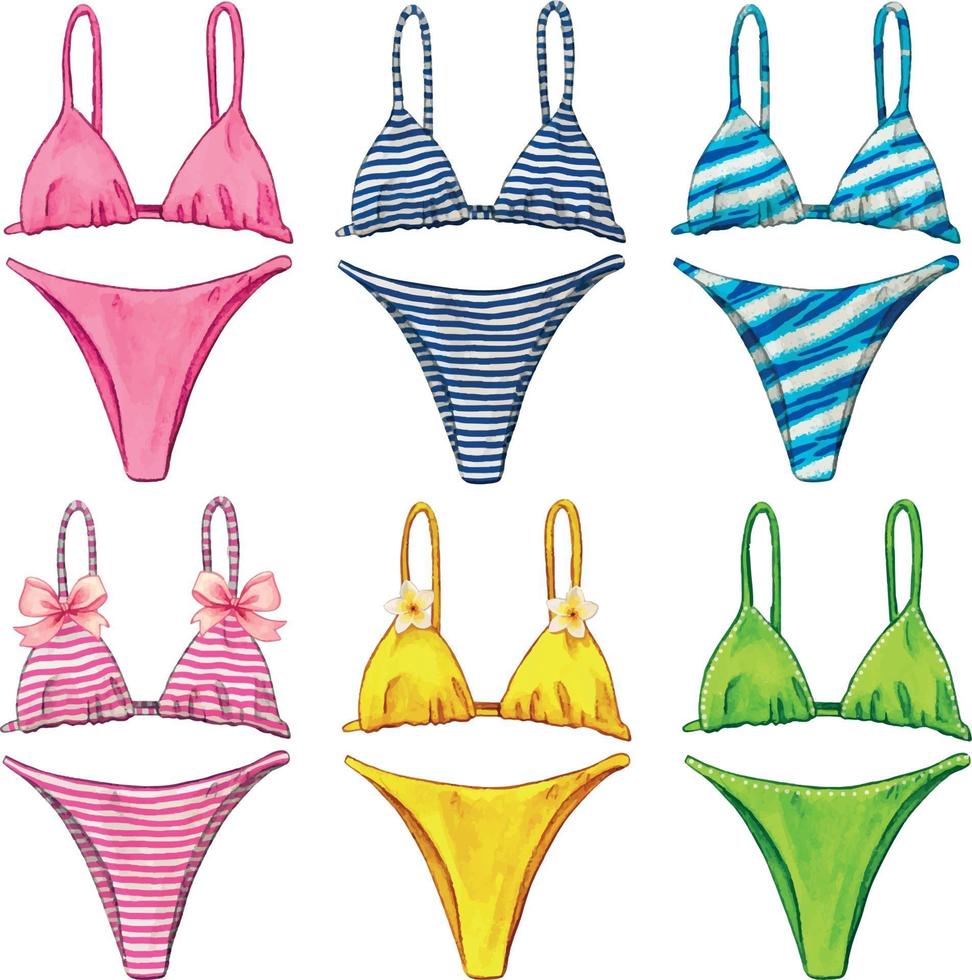 Watercolor colorful bikini swimsuit collection vector