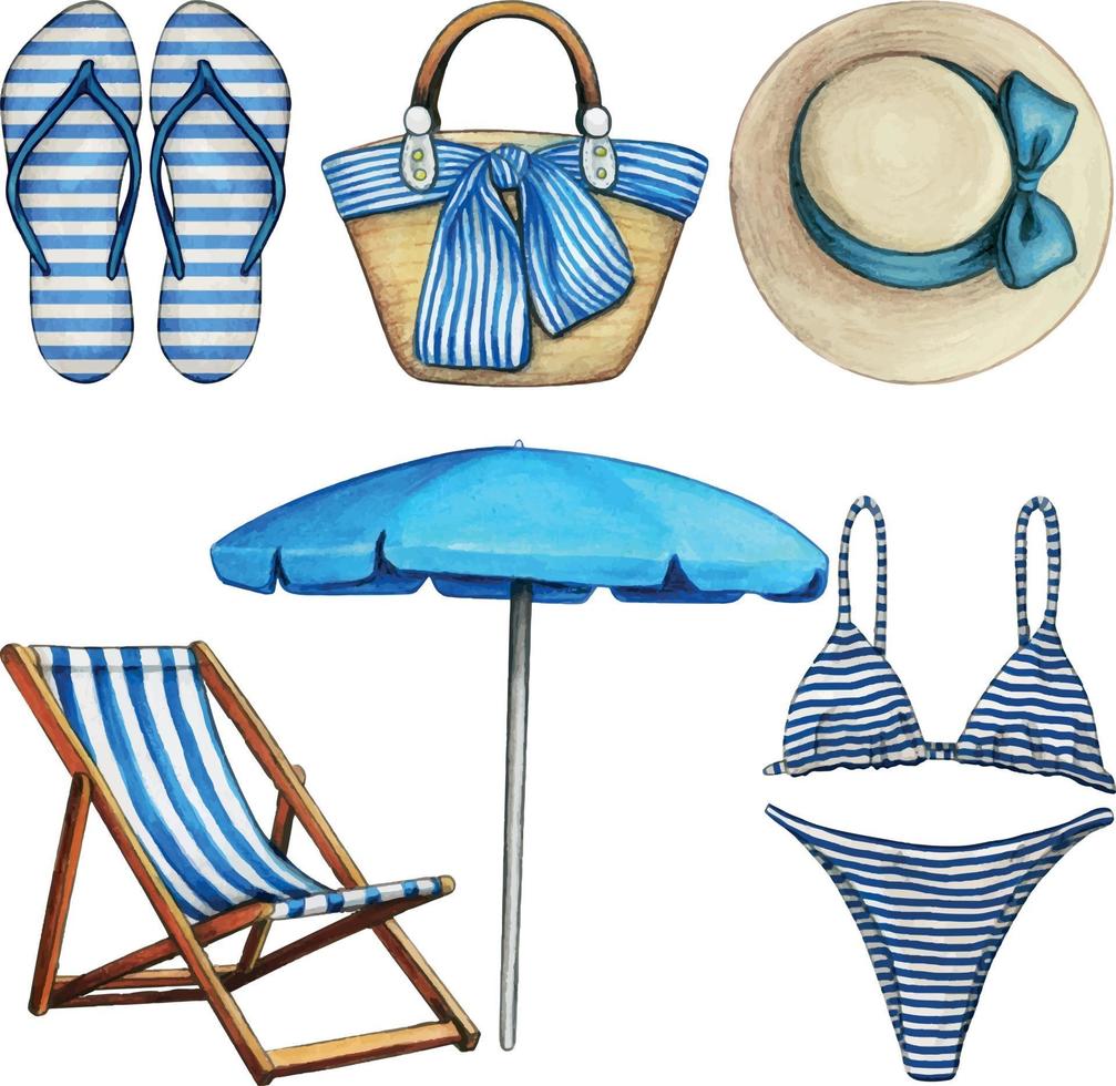 Watercolor blue and white beach elements vector