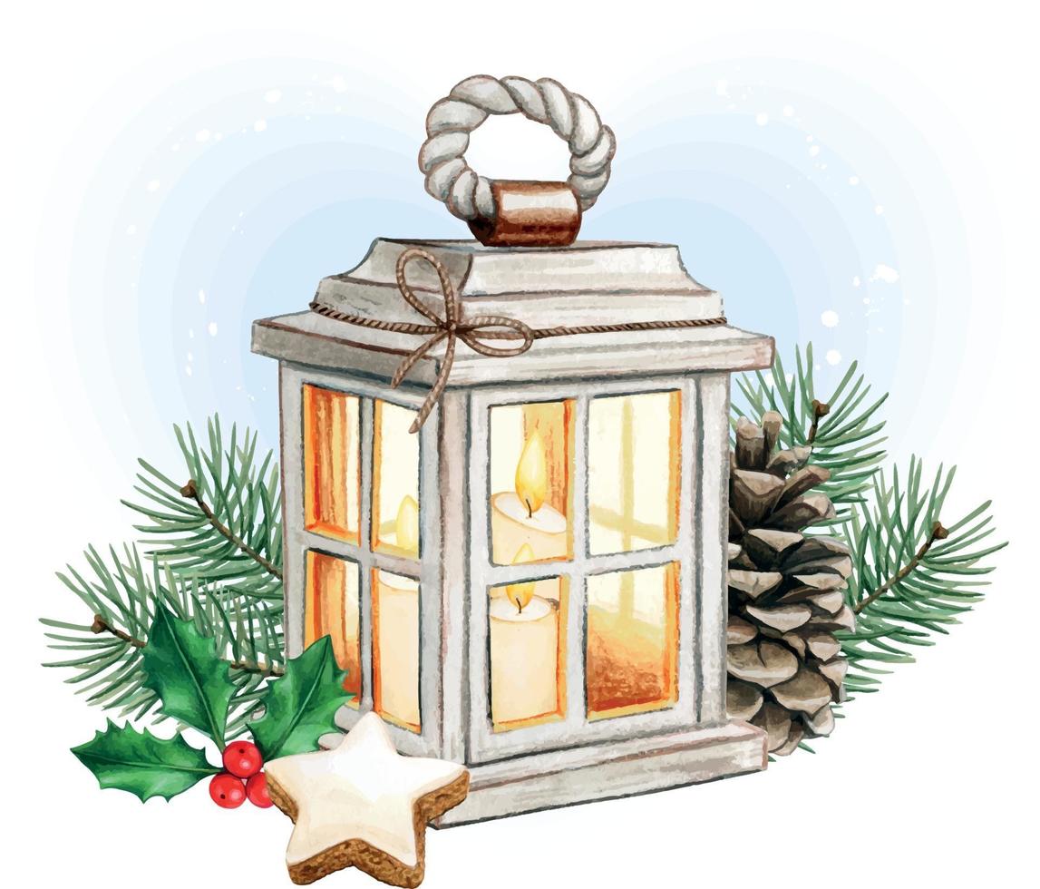 Watercolor christmas lantern with candles, pinecone and holly vector