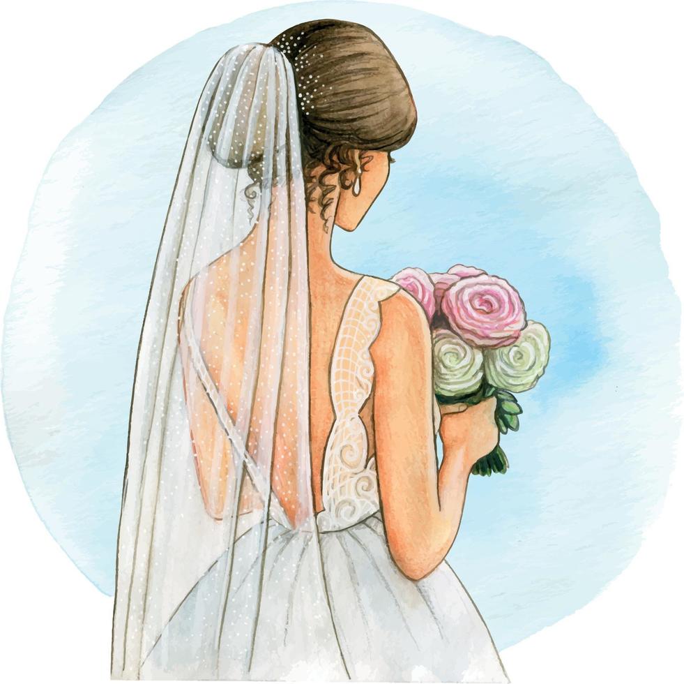 Watercolor bride illustration white gown and veil vector